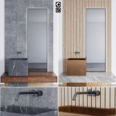 Modern Bathroom Washstand With Marble Basin Wooden Countertop Concrete Wall And Brass Faucet 3d model