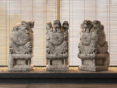Three Traditional Stone Mythical Beast Sculptures With Bamboo Curtain Background 3d model