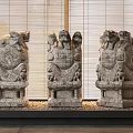Three Traditional Stone Mythical Beast Sculptures With Bamboo Curtain Background