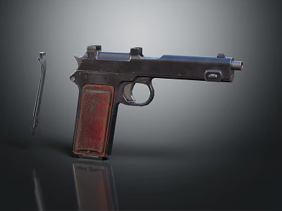 Vintage Pistol With Red Textured Grip And Separate Magazine On Dark Reflective Background 3d model