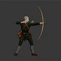 Medieval Archer in Classic Outfit Holding Longbow Preparing to Shoot Arrow Against Gray Background