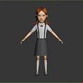 3D Cartoon Girl Character With Red Hair Braids Suspender Skirt White Shirt And Bow Tie