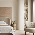 Modern Bedroom Interior With Beige Headboard Wall Curved Headboard Light Gray Bedding And Armchair