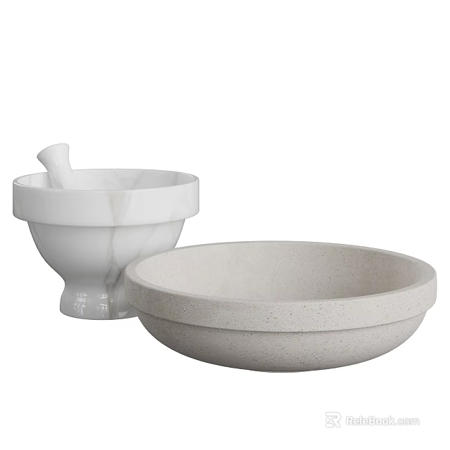 White Marble Mortar with Pestle and Light Gray Stone Bowl Kitchen Tools 3d model 