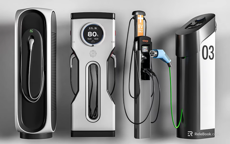Modern Public EV Charging Stations With Various Designs Digital Displays And Cables 3d model