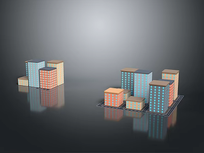 Colorful Urban Building Models With Blue Orange Beige Facades And Different Heights On Reflective Surface 3d model