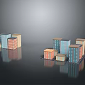 Colorful Urban Building Models With Blue Orange Beige Facades And Different Heights On Reflective Surface
