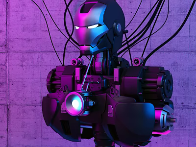 Game Movie Robot Character With Metallic Silver Black Body Glowing Purple Eyes And Mechanical Arms 3d model