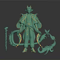 Game and Movie Character Teal 3D Model with Horns Golden Accents Dragon Elements and Staff