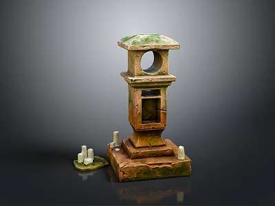 Traditional Sculpture Carving Featuring Green Roof Multi Tiered Structure And Base Small Candle Like Objects 3d model