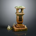 Traditional Sculpture Carving Featuring Green Roof Multi Tiered Structure And Base Small Candle Like Objects