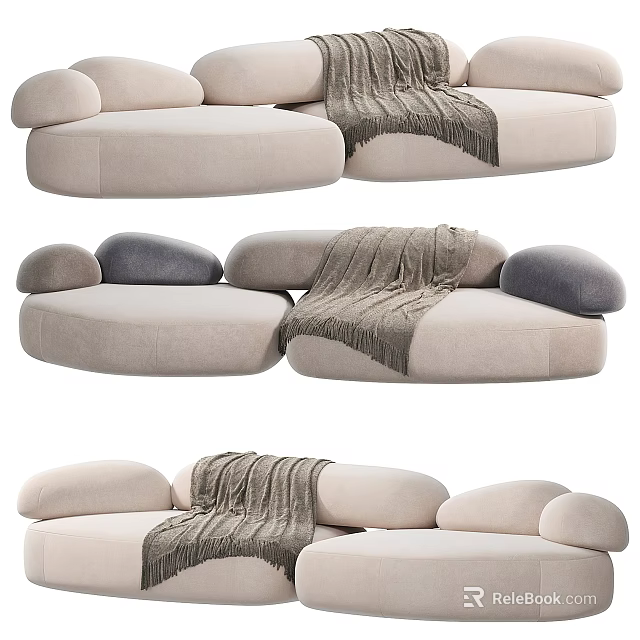 Beige Sectional Sofa Interior Design With Gray Cushions And Throw Blanket 3d model