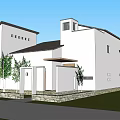 Modern Detached Villa With White Exterior Large Windows Wooden Balcony And Green Plants