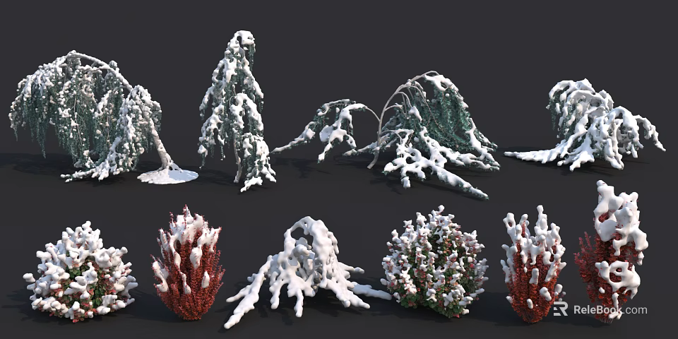 Snow Covered Shrubs With Various Winter Foliage And Branch Structures 3d model 
