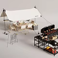 Outdoor Camping Setup With White Tent Table Chairs And Grill Gear 3d model