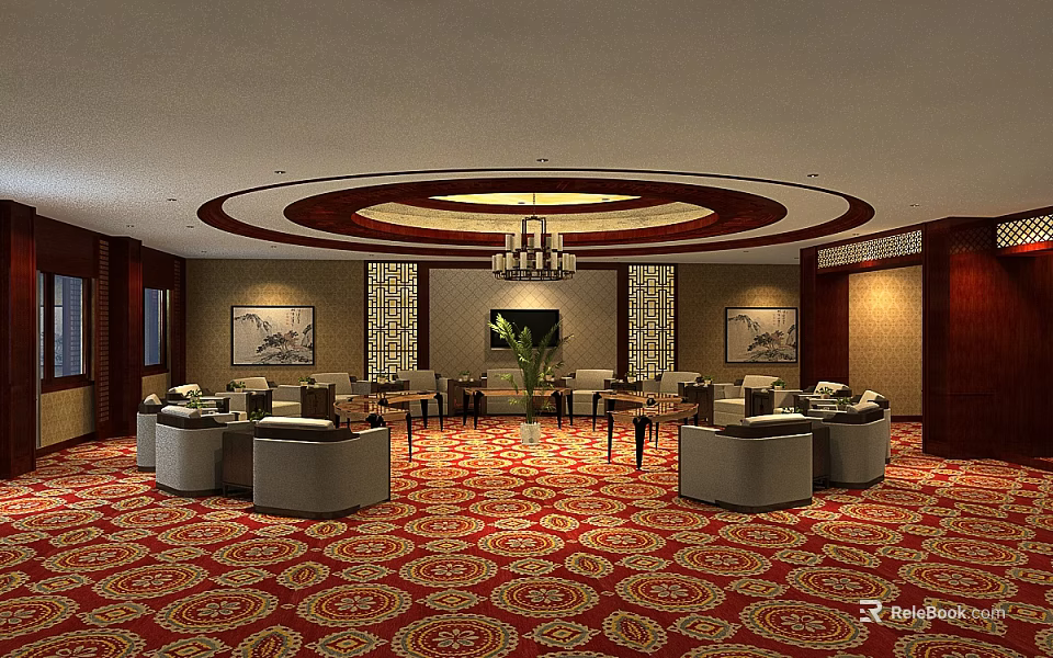 Elegant Conference Room With Mahogany Decor Circular Chandelier And Wall Paintings 3d model 