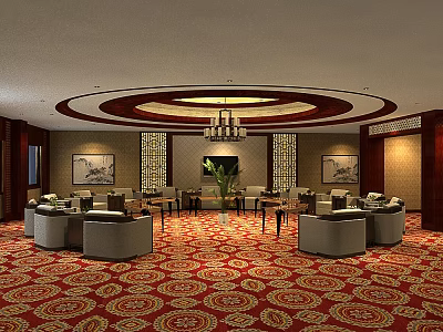 Elegant Conference Room With Mahogany Decor Circular Chandelier And Wall Paintings 3d model
