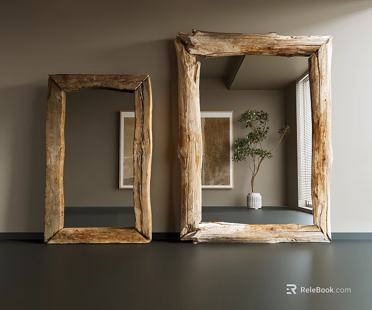 Rustic Wooden Frame Mirrors In Modern Interior With Potted Plant And Wall 3d model 