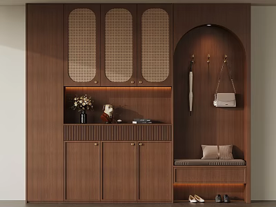 Modern Minimalist Entryway With Wooden Cabinetry Lattice Doors Decorative Items And Arched Hanging Bench 3d model
