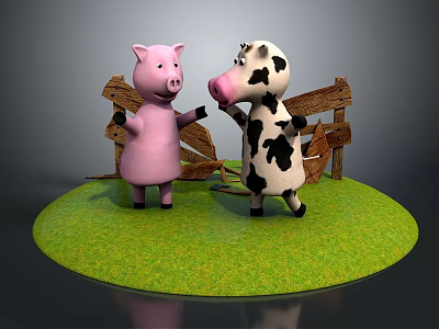 Cartoon Pig And Cow Standing On Green Grass With Wooden Fence 3d model