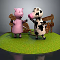 Cartoon Pig And Cow Standing On Green Grass With Wooden Fence
