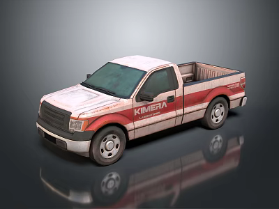 White and Red Striped Pickup Truck with KIMESTIN Logo and Reflective Surface 3d model