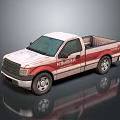 White and Red Striped Pickup Truck with KIMESTIN Logo and Reflective Surface