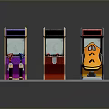 Three Colorful Computer Arcade Machines With Space Invaders Theme And Character Designs On Silver Base
