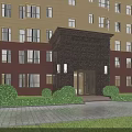 Residential Building Exterior Wall with Yellow Brown Facade Decorative Brick Entrance and Landscaped Shrubs