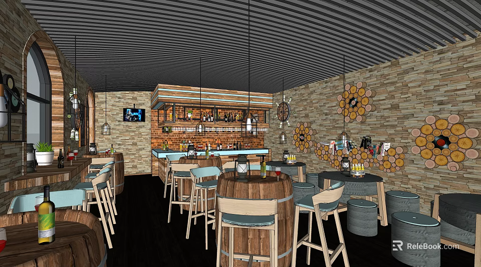 Modern Bar Interior Design With Wooden Bar Counter Stools Sunflower Decorative Wall And Hanging Lights 3d model 