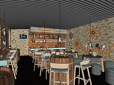 Modern Bar Interior Design With Wooden Bar Counter Stools Sunflower Decorative Wall And Hanging Lights 3d model