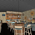 Modern Bar Interior Design With Wooden Bar Counter Stools Sunflower Decorative Wall And Hanging Lights