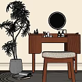 Cozy Wooden Dressing Table With Round Illuminated Mirror Skincare Products Padded Stool And Green Plant