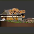 Miniature Landscape Model Featuring Thatched Cottage Orange Trees Bridge Pond And Pavilion On Circular Base