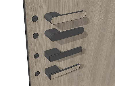 Various Modern Door Handles Mounted on Wooden Surface with Installation Holes 3d model