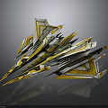 Futuristic Cosmic Spacecraft Design With Yellow White Green Geometric Shapes Sharp Edges And Streamlined Structure