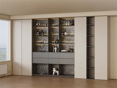 Modern Built in Wine Cabinet With LED Lighting And Storage For Wine Bottles Glassware 3d model