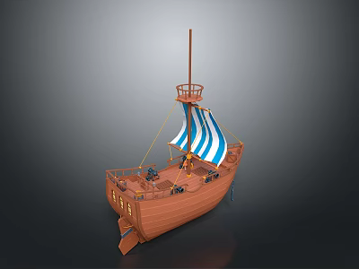 3D Rendered Wooden Sailing Ship With Blue And White Sail Tall Mast And Deck Details 3d model