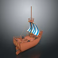 3D Rendered Wooden Sailing Ship With Blue And White Sail Tall Mast And Deck Details