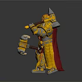 Mythical Man In Golden Decorative Armor With Long Beard Holding Hammer And Blue Gem