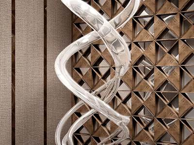 Intricate Silver Spiral Sculptural Art With Wooden Background And Triangular Cutouts 3d model
