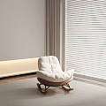 Comfortable White Padded Leisure Chair With Wooden Rocking Base And Window Blinds Against Light Wall