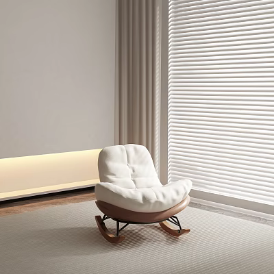 Comfortable White Padded Leisure Chair With Wooden Rocking Base And Window Blinds Against Light Wall 3d model