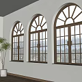 Three Arched Casement Windows With Dark Wooden Frames Bright Indoor Mountain Views and Plant
