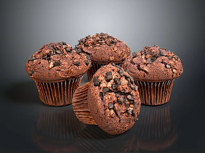 Freshly Baked Chocolate Muffins Topped with Chocolate Chips and Fudgy Centers 3d model