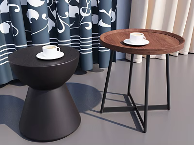 Coffee Tables with Two Different Designs Black Brown Metal Legs Wooden Top and White Cups 3d model