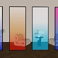 Colored Ribbed Glass Room Dividers in Modern Interior with Herringbone Wooden Floor Design