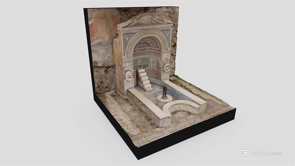 Garden Ornament Display Model Featuring Stone Arched Structure Steps And Water Basin 3d model 