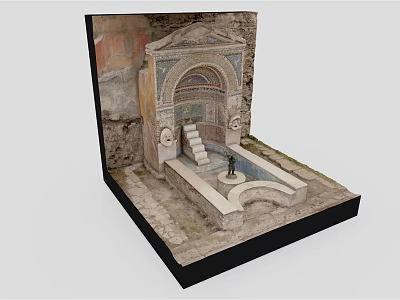 Garden Ornament Display Model Featuring Stone Arched Structure Steps And Water Basin 3d model