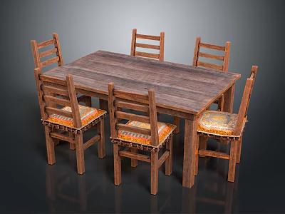 Wooden Dining Table Set With Six Chairs Featuring Cushioned Seats 3d model